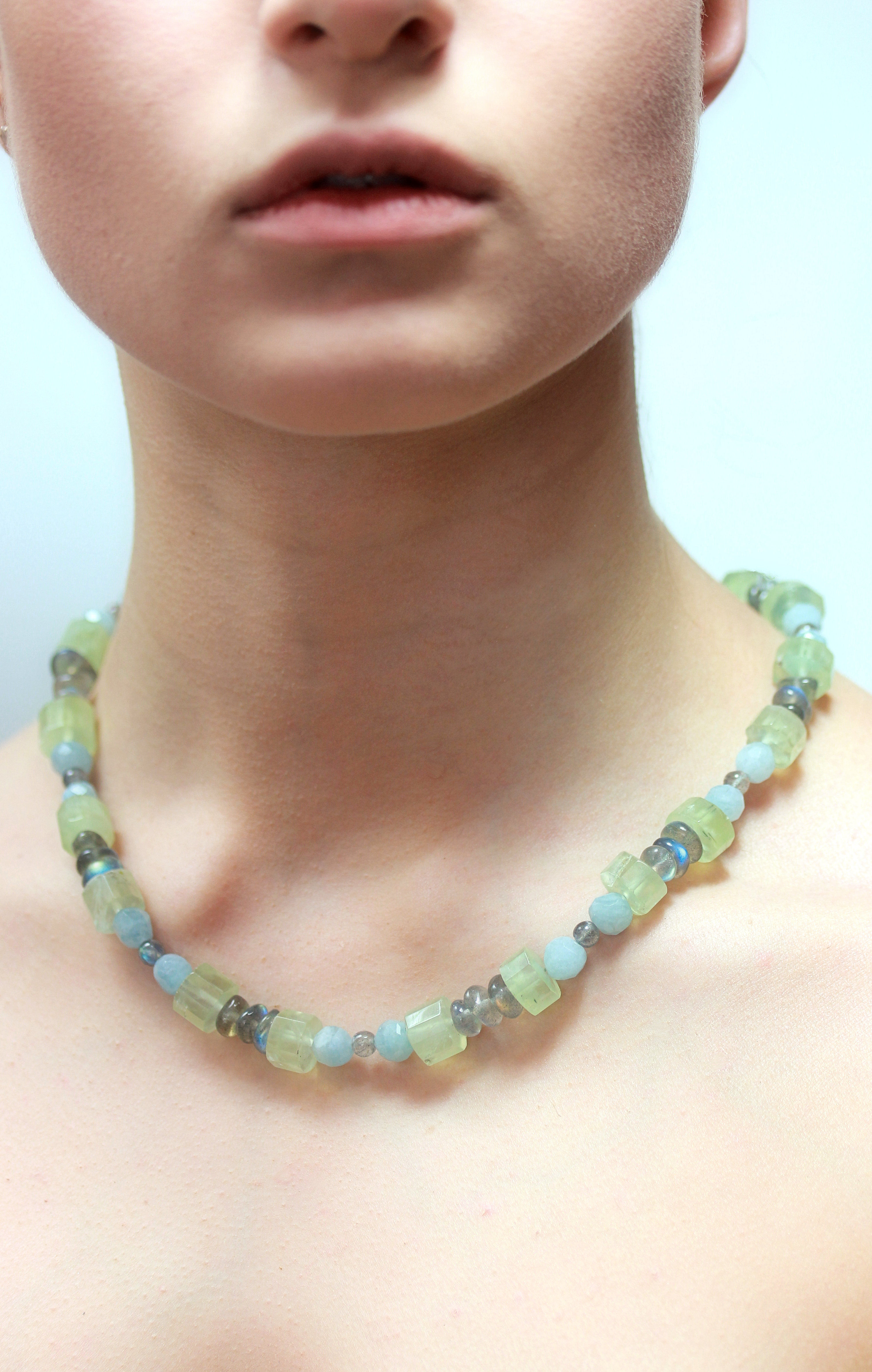 Prenite, aquamarine and labradorite bead necklace