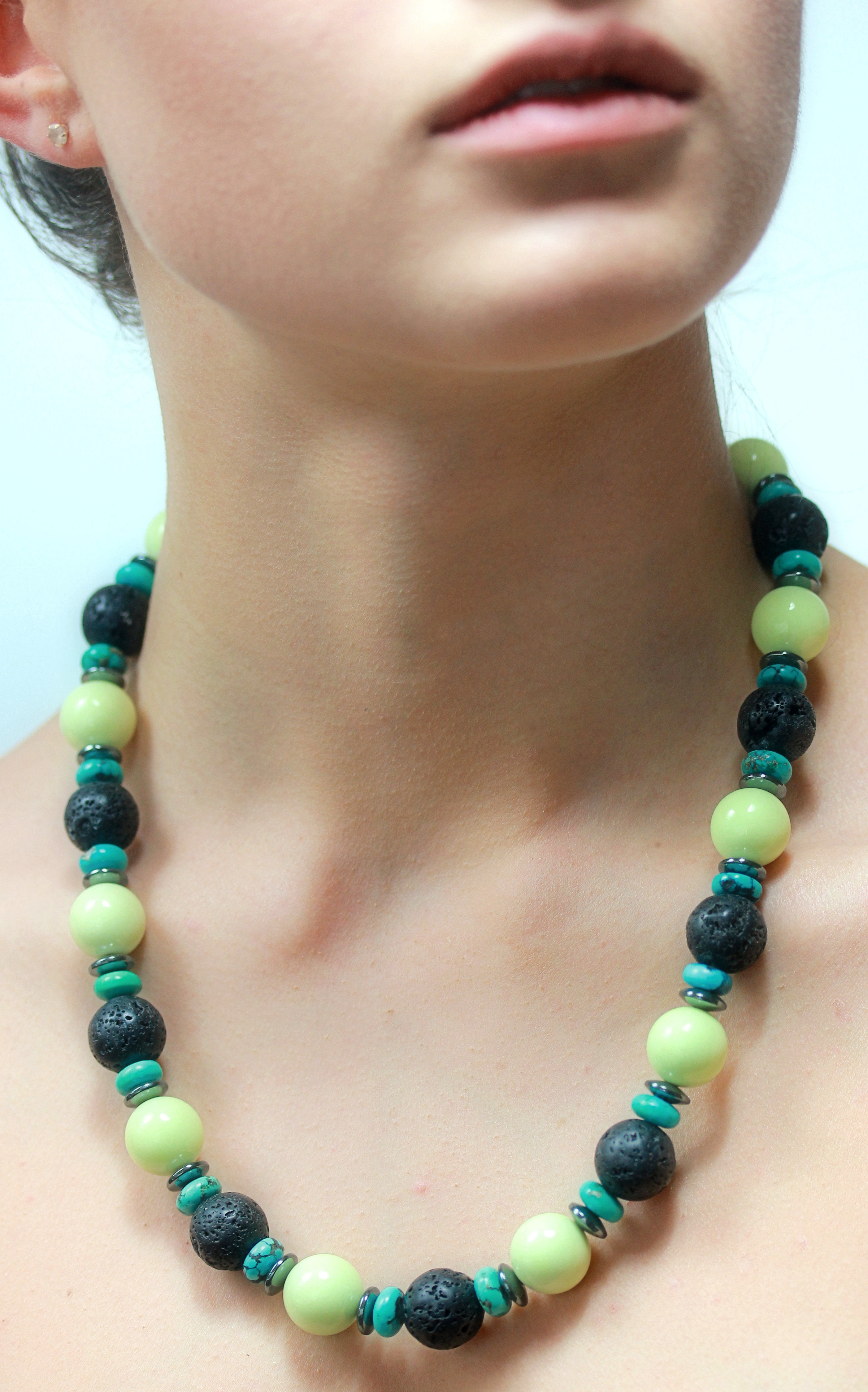 Yellow, black and turquoise bead necklace