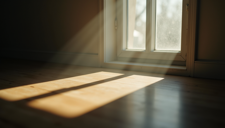 Plano detalle de una ventana con luz tenue entrando, mostrando sombras y reflejos que sugieren introspección