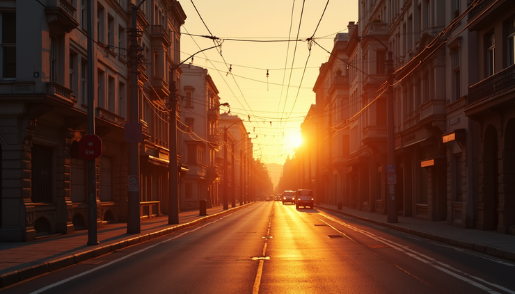 Vista panorámica de un paisaje urbano al atardecer con sombras alargadas y luces cálidas