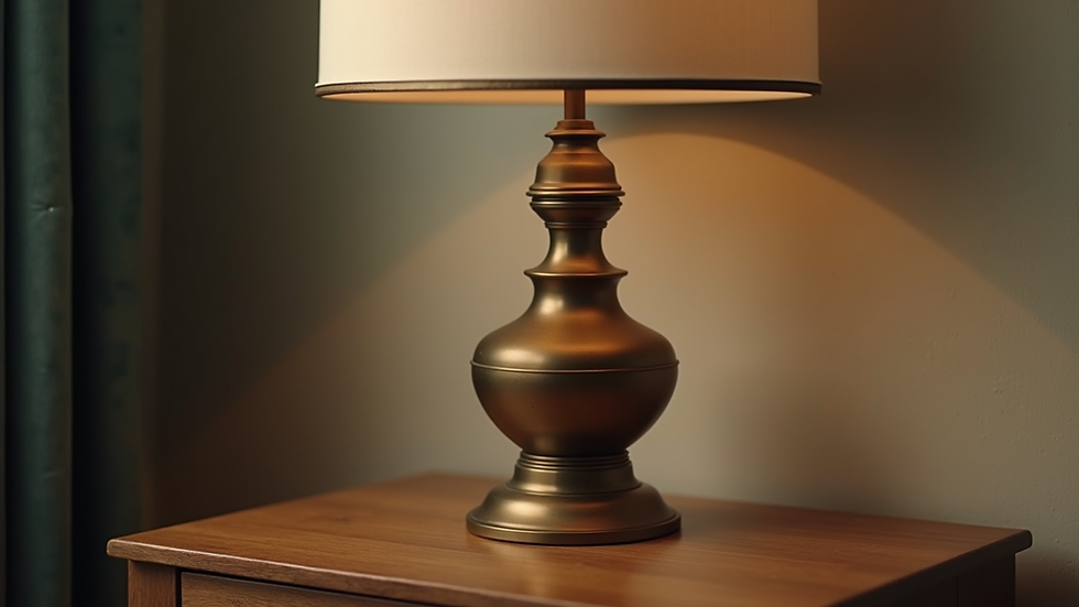 Close-up of a vintage brass lamp on a wooden side table