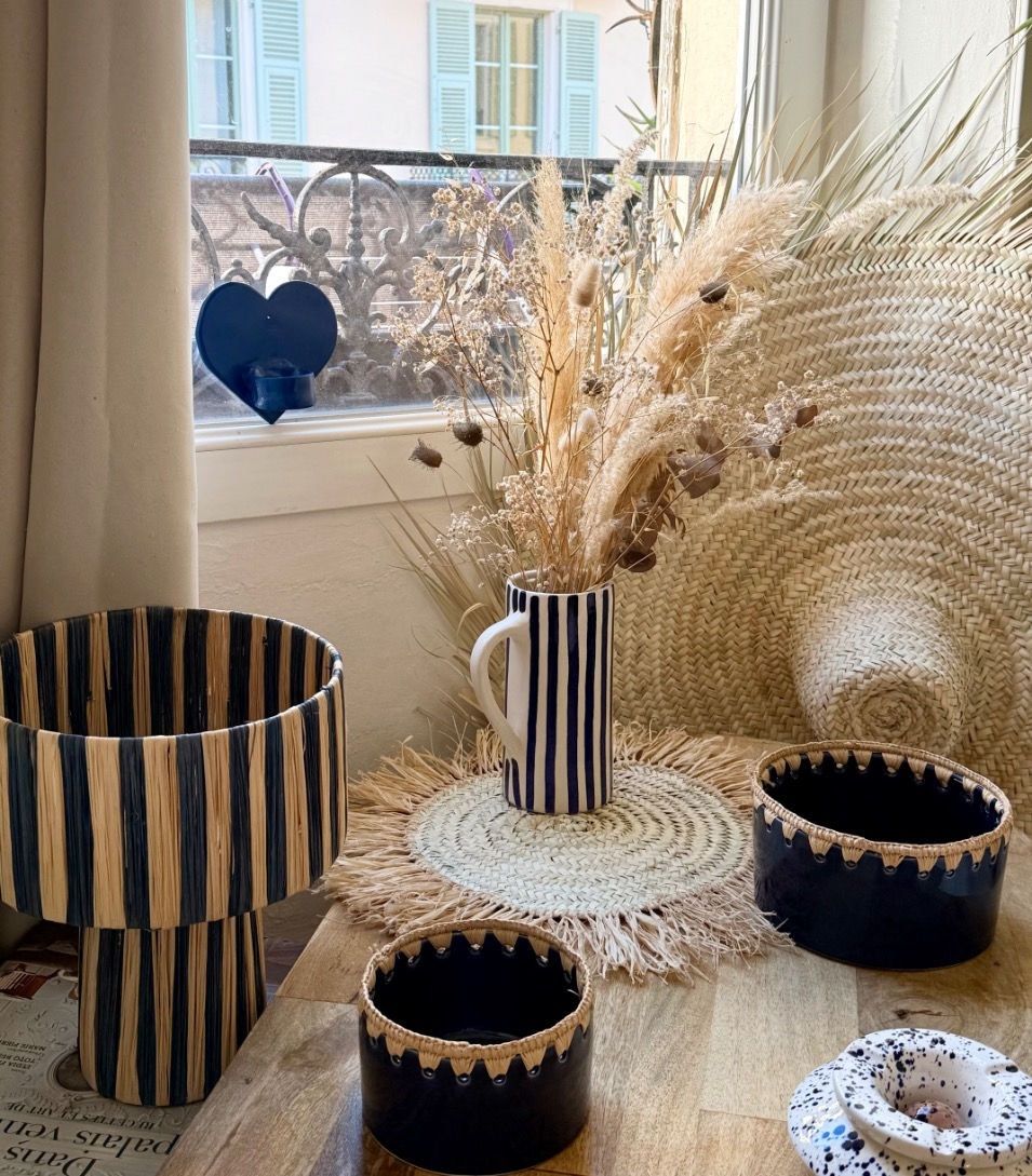 Miniature : Lampe en raphia - rayures bleues