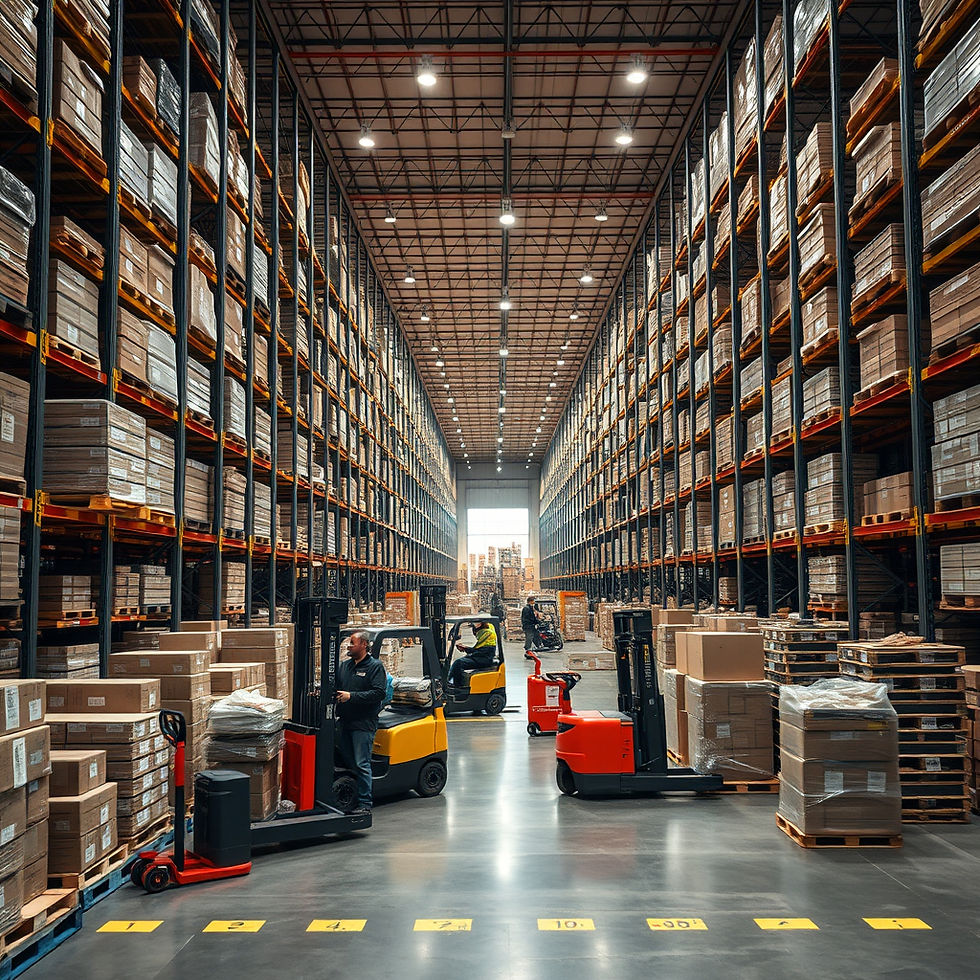 A large busy warehouse filled with pallets and tall industrial racks stacked with pallets,