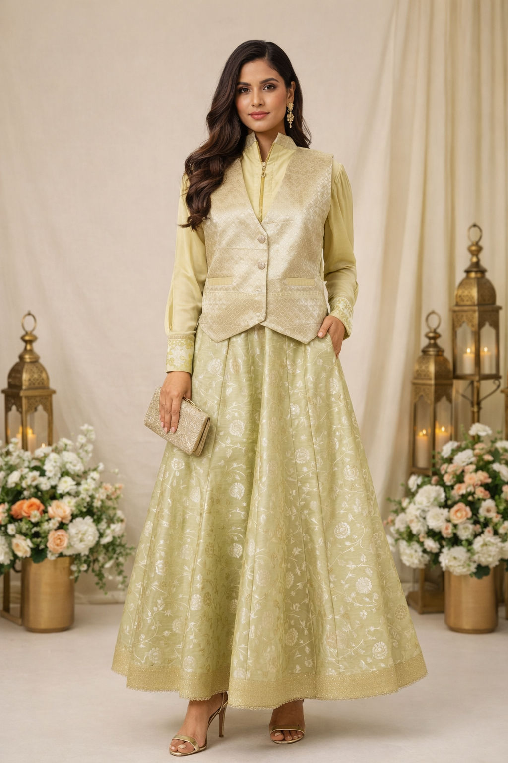 Embroidered Sage Skirt Co-Ord Set for Women | Wedding & Party Wear