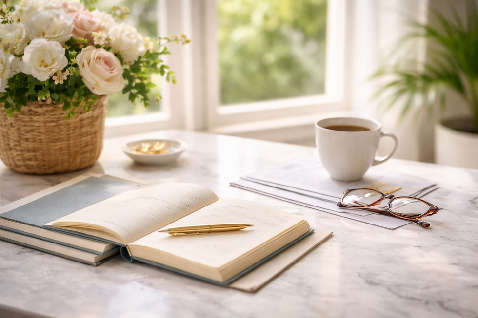 Open notebook and reading glasses on a bright, elegant desk with soft natural light