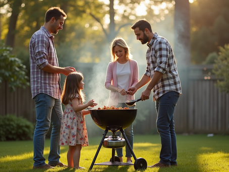 Close-up view of a family enjoying a barbecue in the backyard for labor day telling dad jokes.