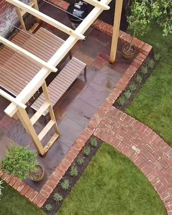 Garden pergola, sandstone patio, new lawn, built in Rye, Sussex