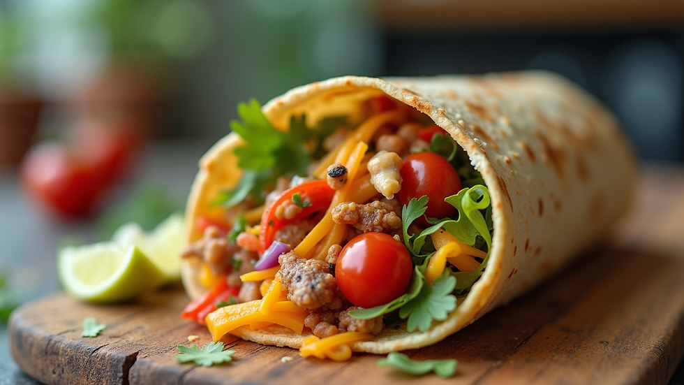 Eye-level view of a colorful burrito filled with fresh ingredients