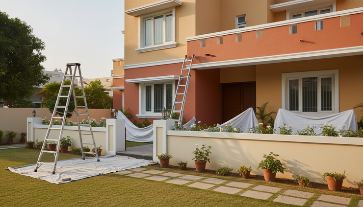 Wide-angle view of a painted home exterior with a ladder, covered plants, and clean boundary wall