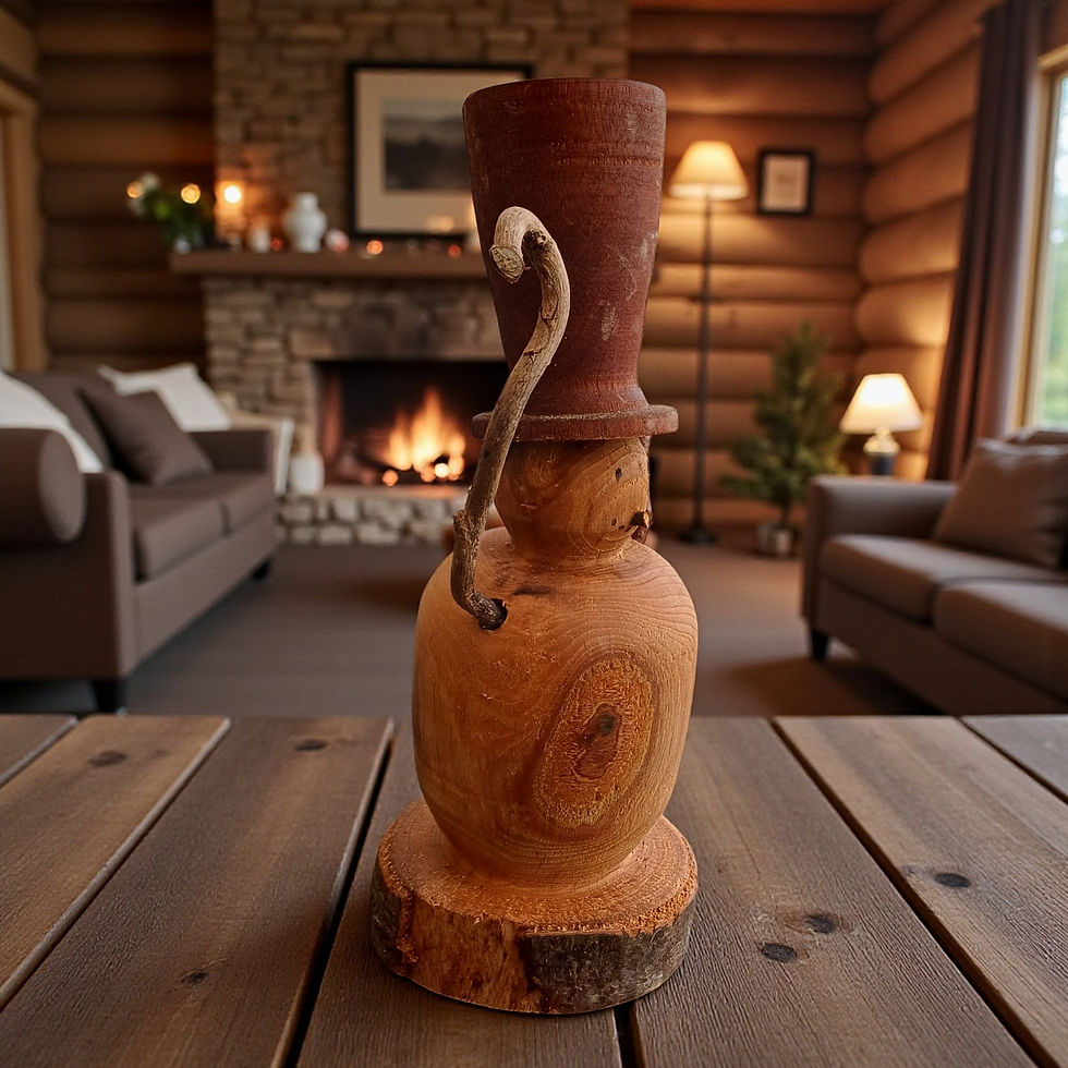 Handmade wood snowman showing turned wood body and branch arm detail, side view