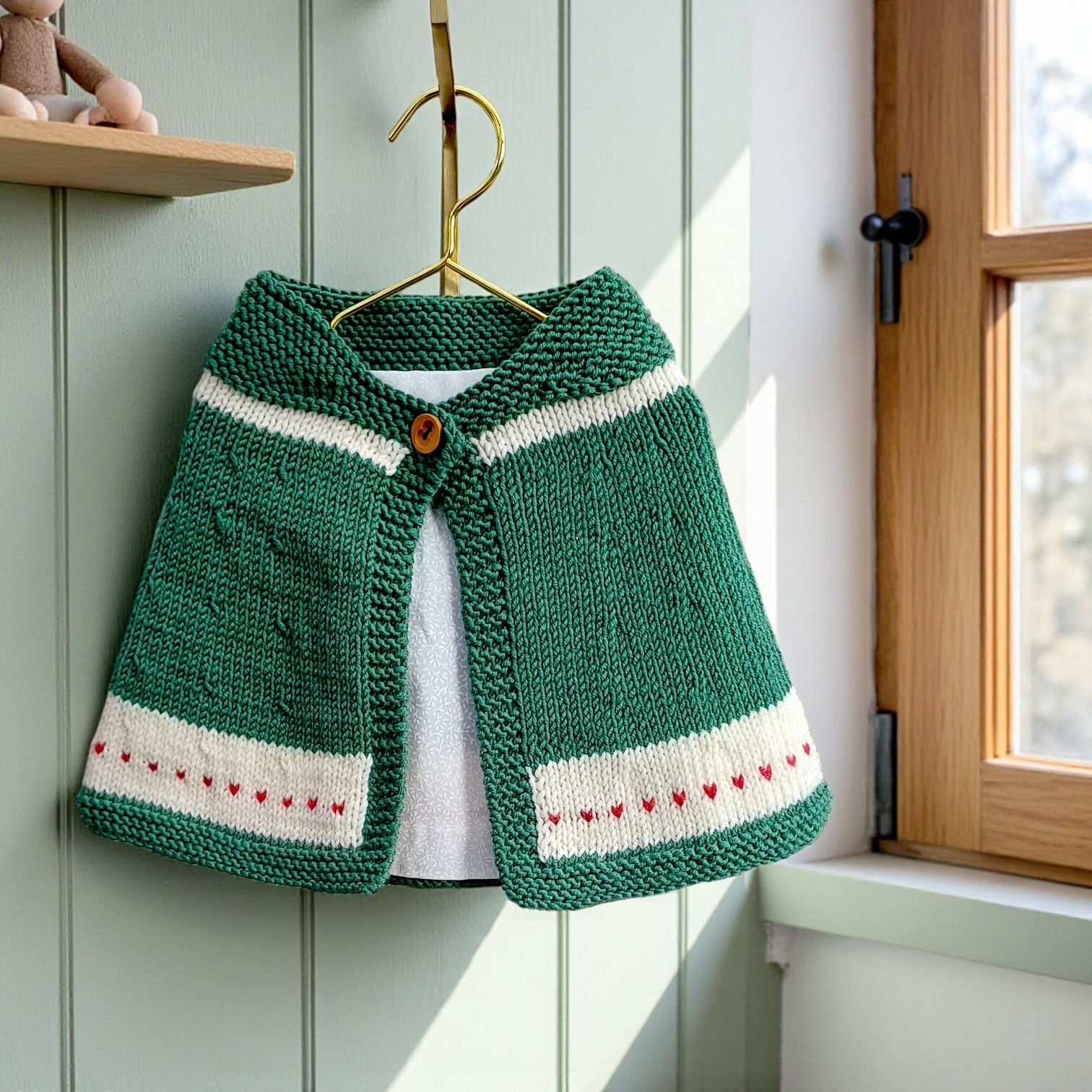 Green handknitted merino wool baby capelet displayed on stand, featuring ivory stripe, red heart detail and cotton lining.