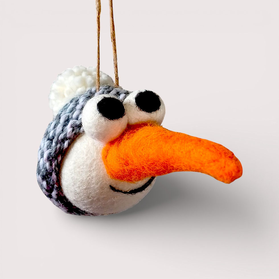 Front Main view of needle-felted snowman ornament hanging on a Christmas tree, featuring a carrot nose and woollen hat