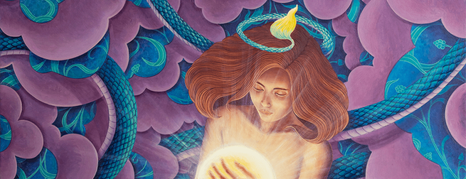 Snake coil, Girl holding glowing orb oil painting