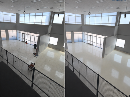 Before and after photo of warehouse floor and window cleaning in Carlsbad, CA