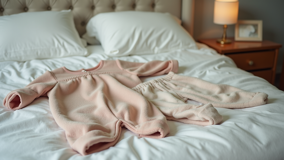 Close-up view of coordinated family outfits laid out on a bed