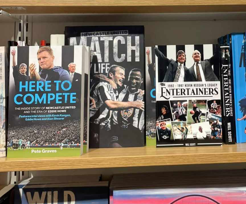 Newcastle United books on a shelf