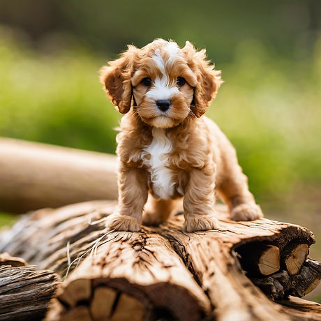 a cavapoo puppy standing with front paws on a log.jpg