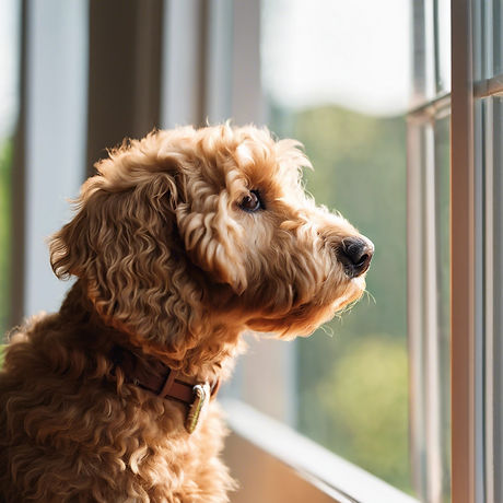 a closeup profile shot of a mini golden Doodle staring out a window and daydreaming.jpg