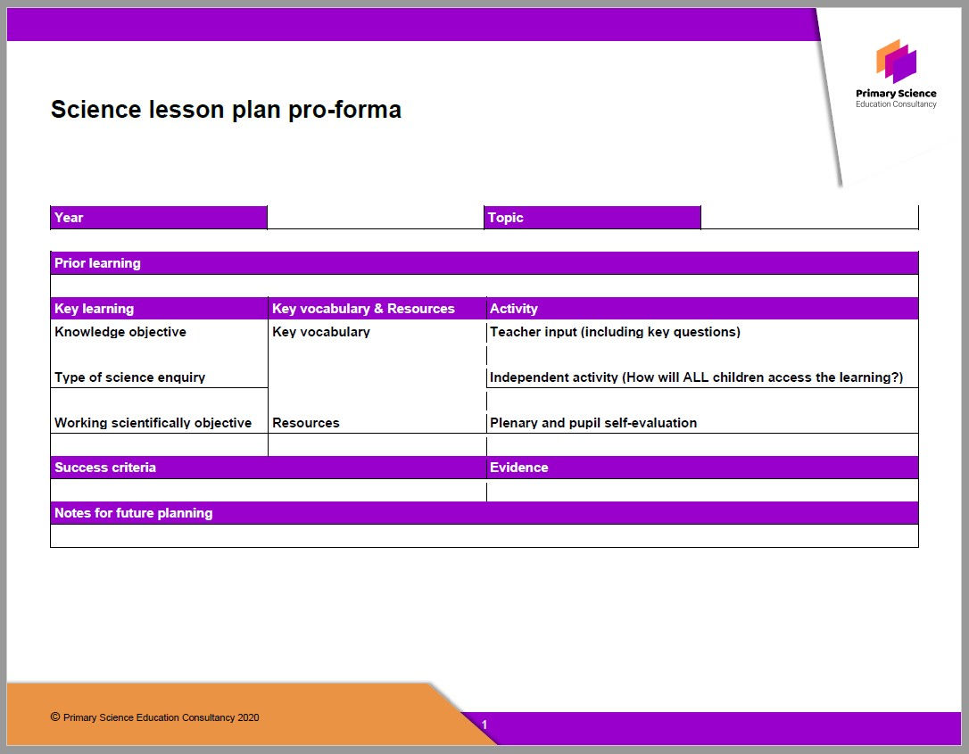 Primary Science Lesson Plan Pro-forma