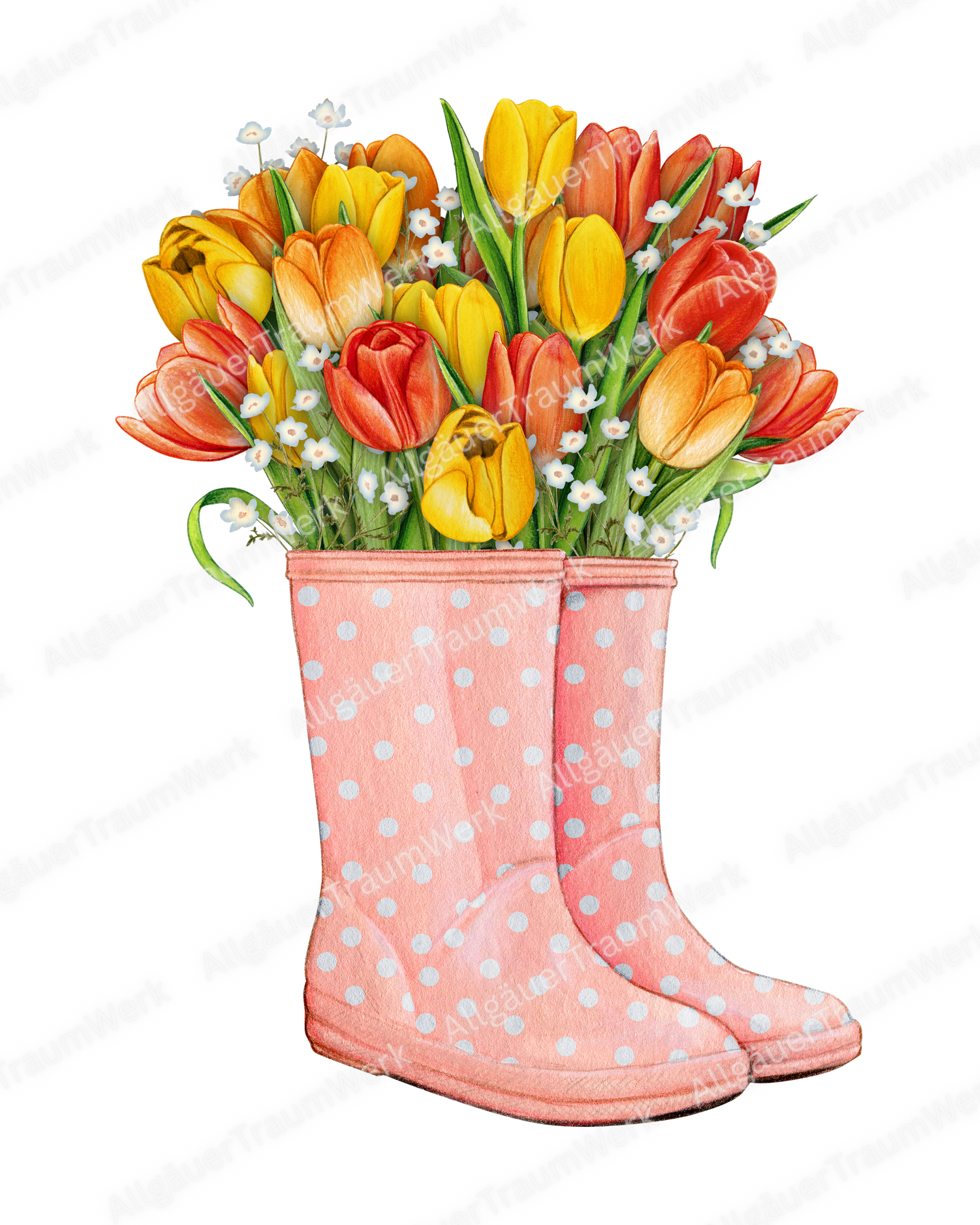 Bügelbild - Gummistiefel rosa mit Tulpen