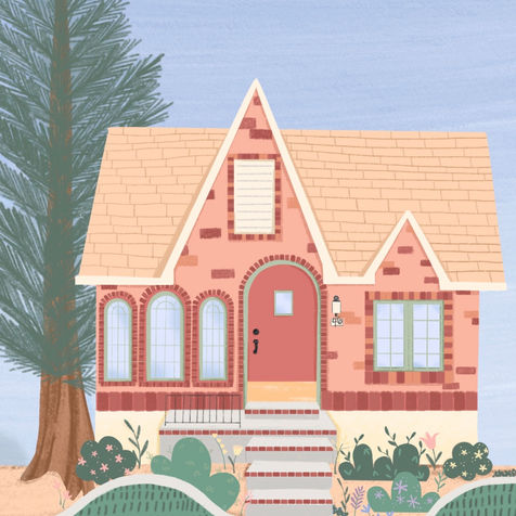 illustration of a brick house with whimsical landscaping