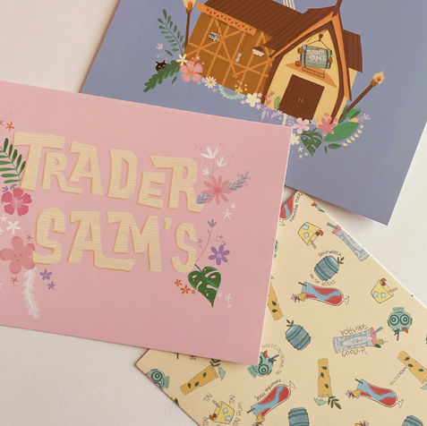 Trader Sam’s tiki bar postcard set- one is blue with with the trader Sam’s building and a pink card with the trader Sam’s logo and a yellow one with a repeat pattern of various tiki drinks