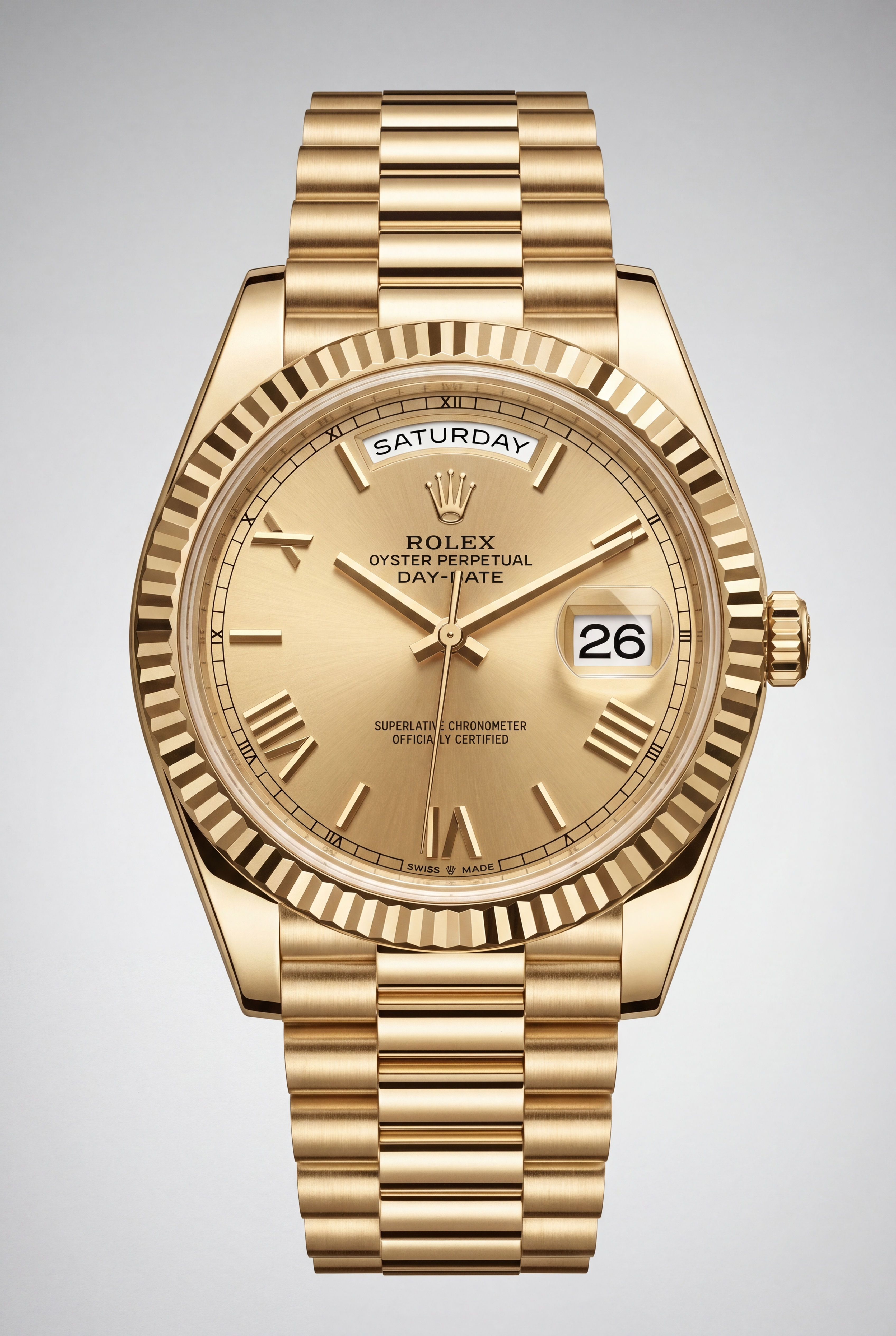 18k Yellow Gold Rolex Day-Date 41mm with Presidential bracelet and champagne...