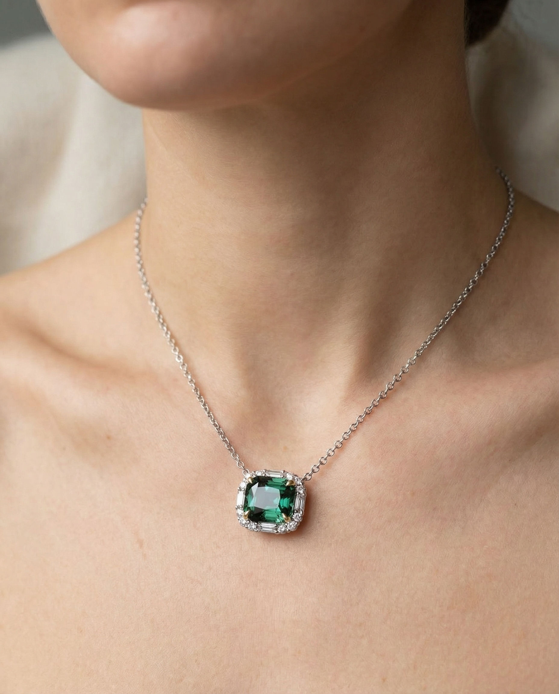 Cushion Green Sapphire & Diamond Halo Necklace in 18K White Gold
