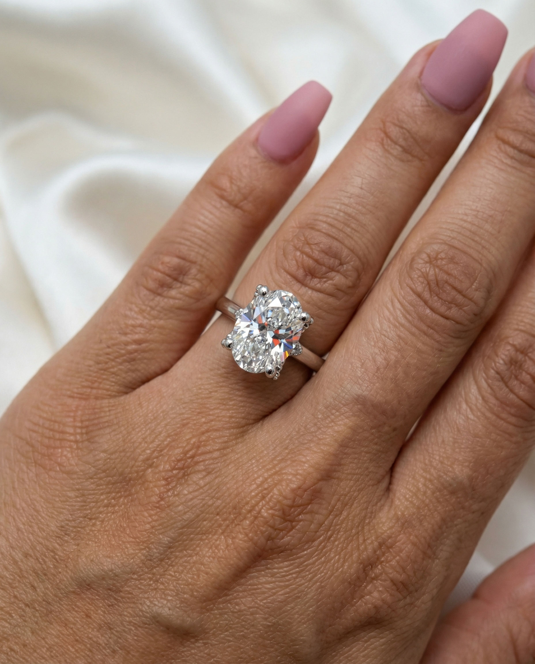 14K White Gold Oval Lab Green Diamond Engagement Ring