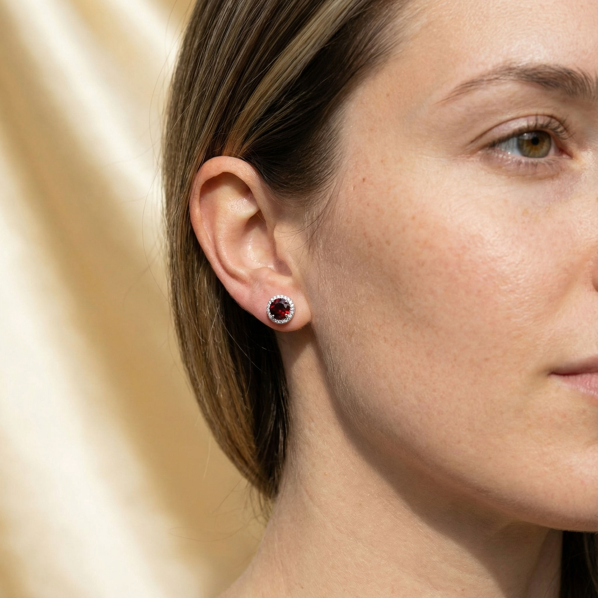 14K White Gold Round Garnet & Diamond Halo Earrings