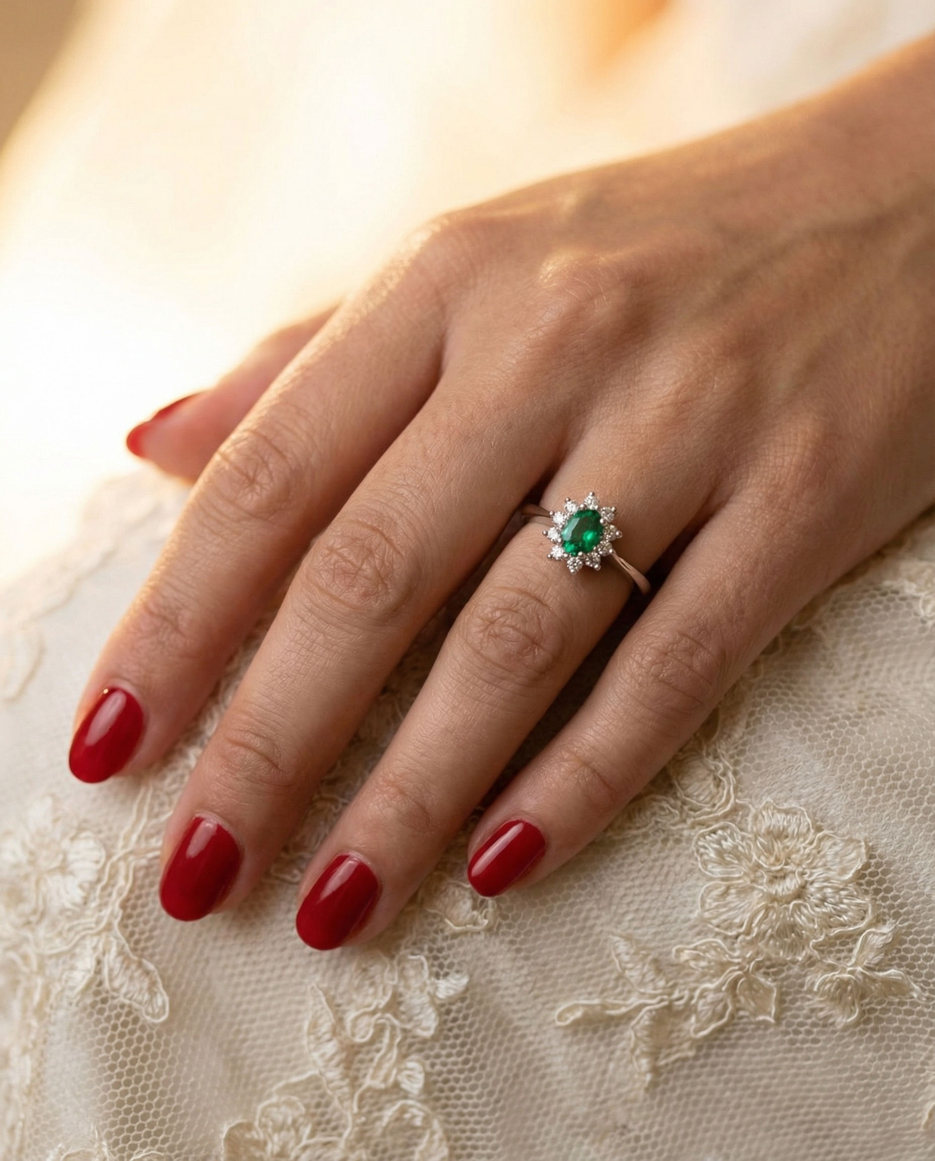 14K White Gold Oval Emerald & Round Diamond Ring