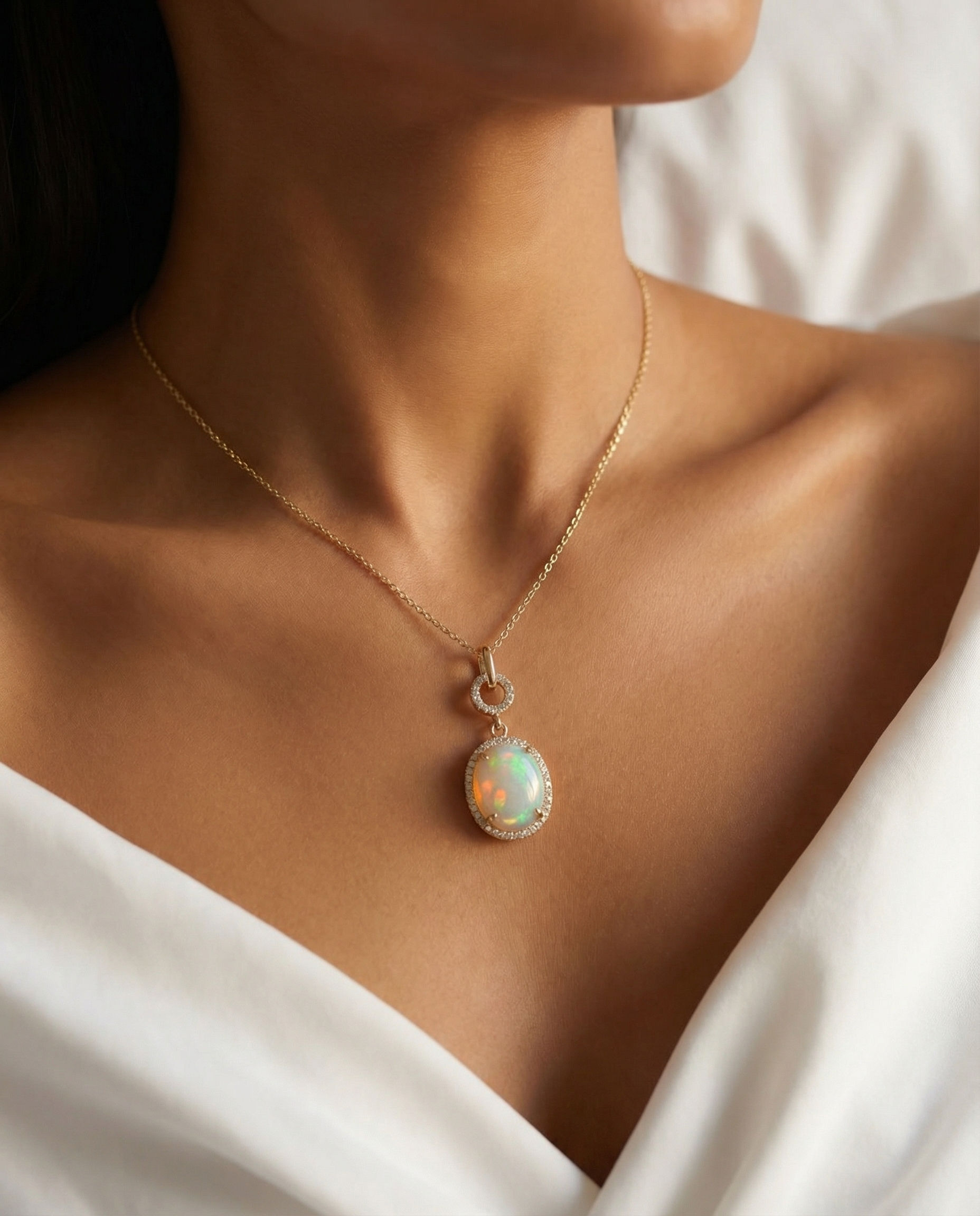Oval Opal Diamond Halo Necklace in 14K Yellow Gold