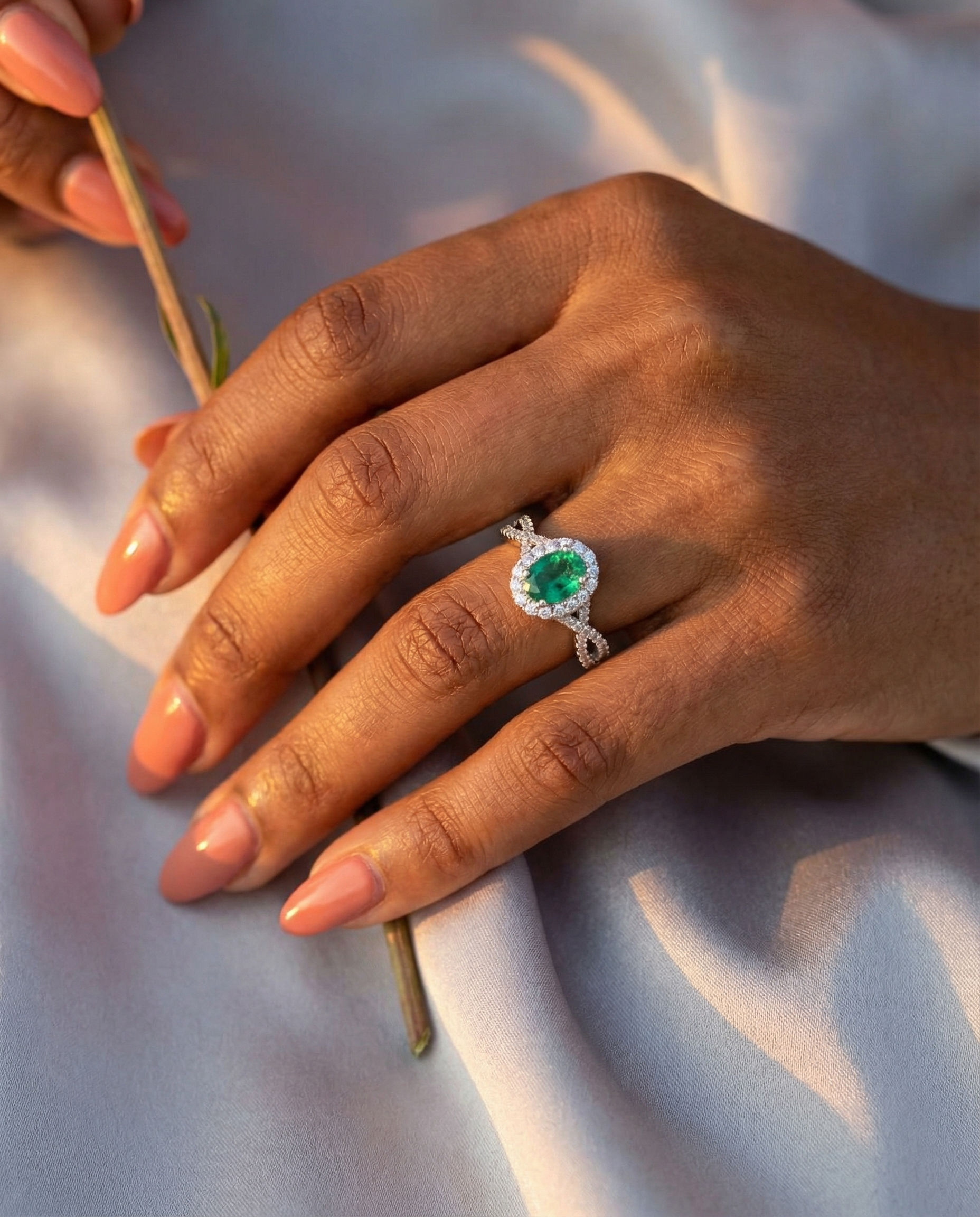 14K White Gold Oval Emerald & Round Diamond Ring