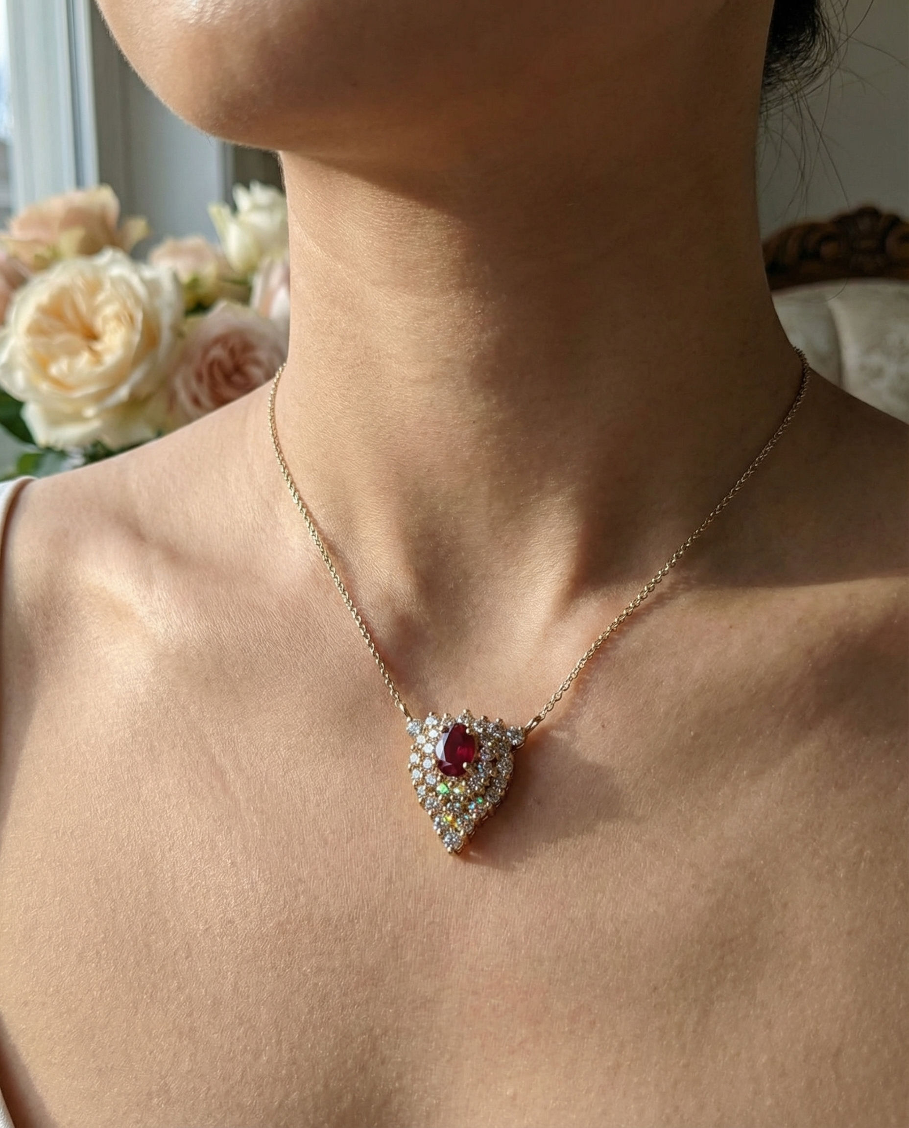 14K Yellow Gold Oval Ruby & Round Diamond Necklace