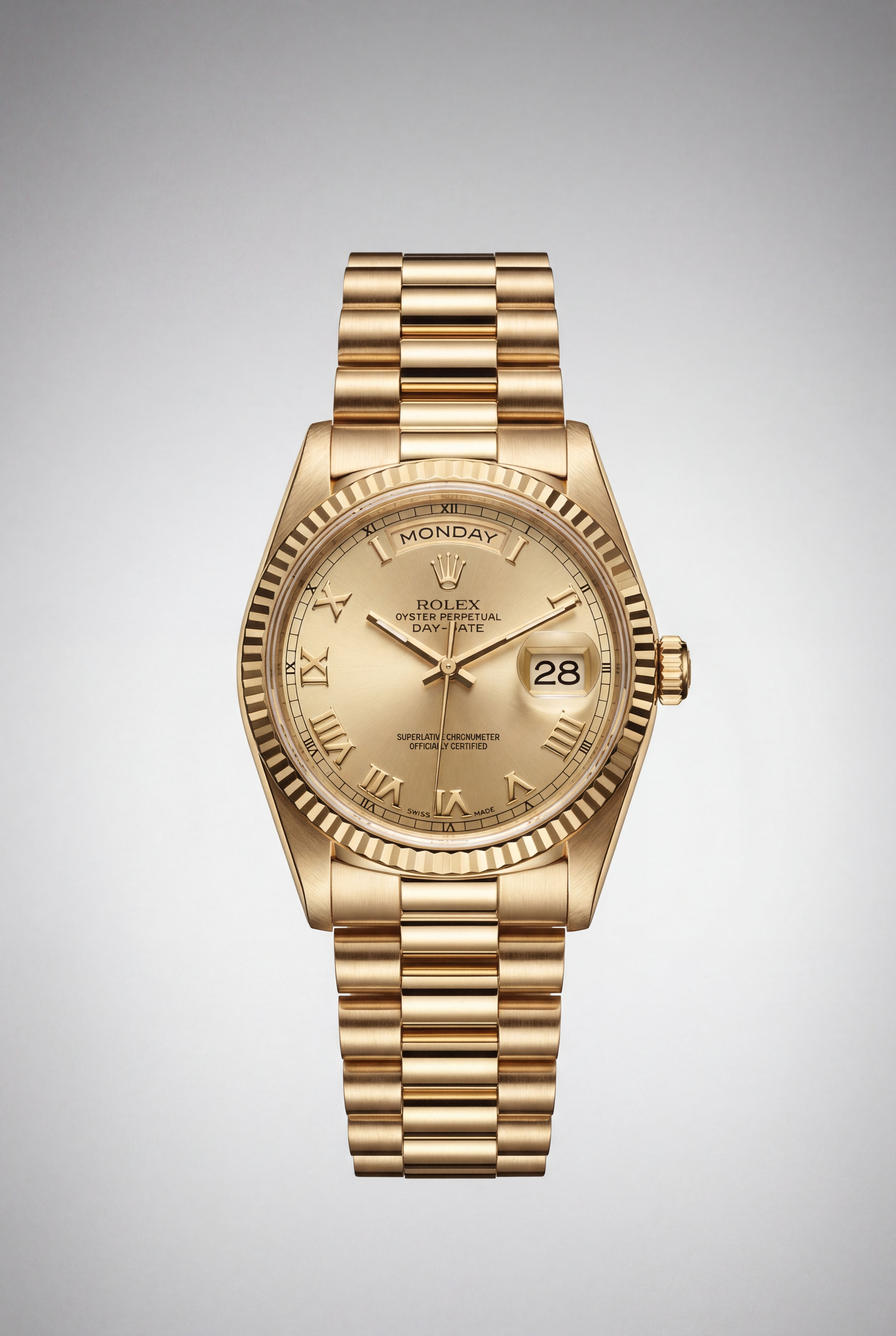 18k Yellow Gold Rolex Day-Date 36mm with Presidential bracelet and champagne...