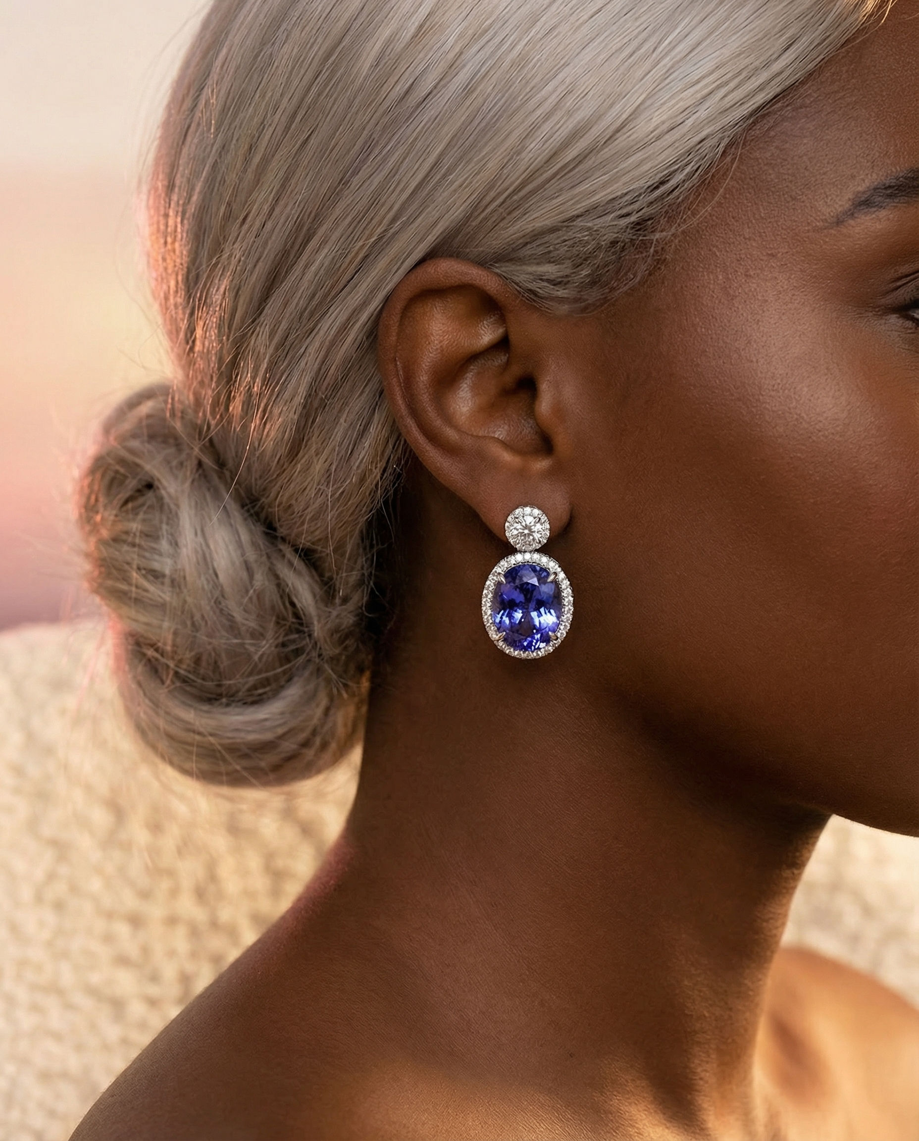 Luxurious 18K White Gold Tanzanite & Diamond Drop Earrings