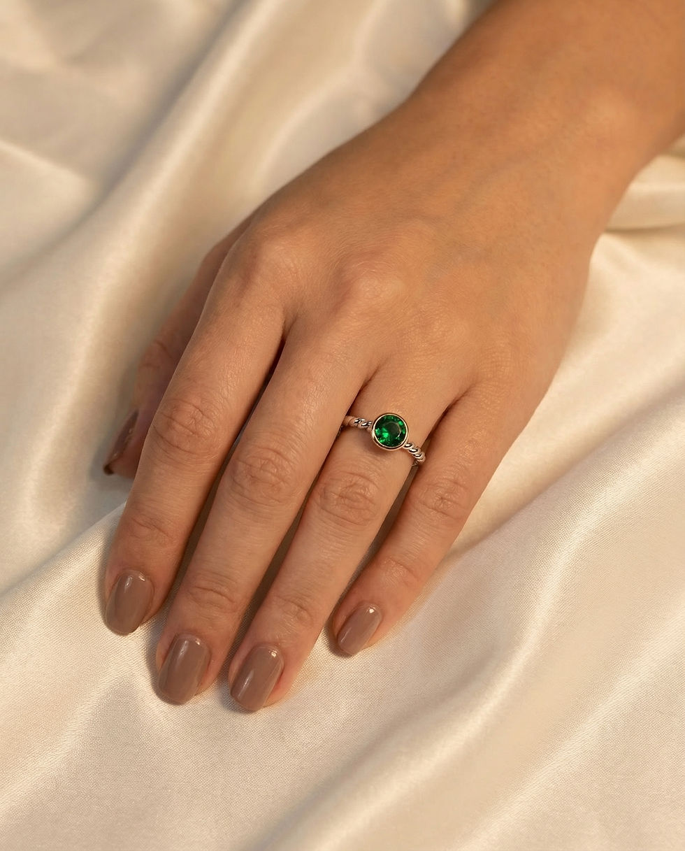 18K Yellow Gold Bezel Sterling Silver Round Created Emerald Ring