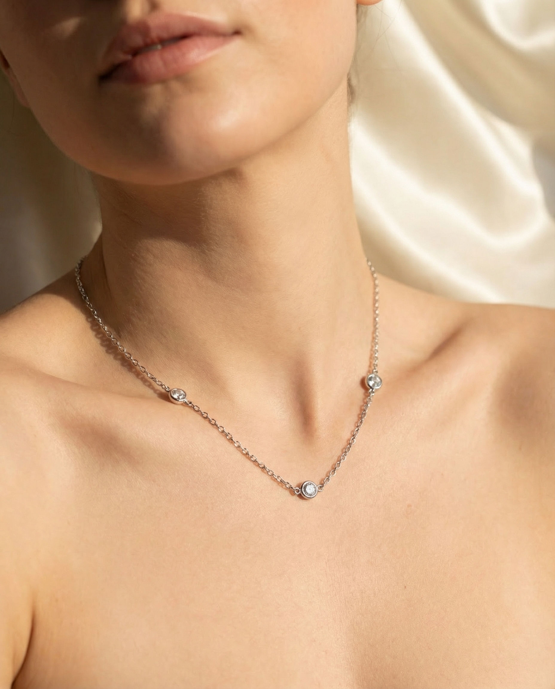 14K White Gold Round Lab Diamond Station Necklace