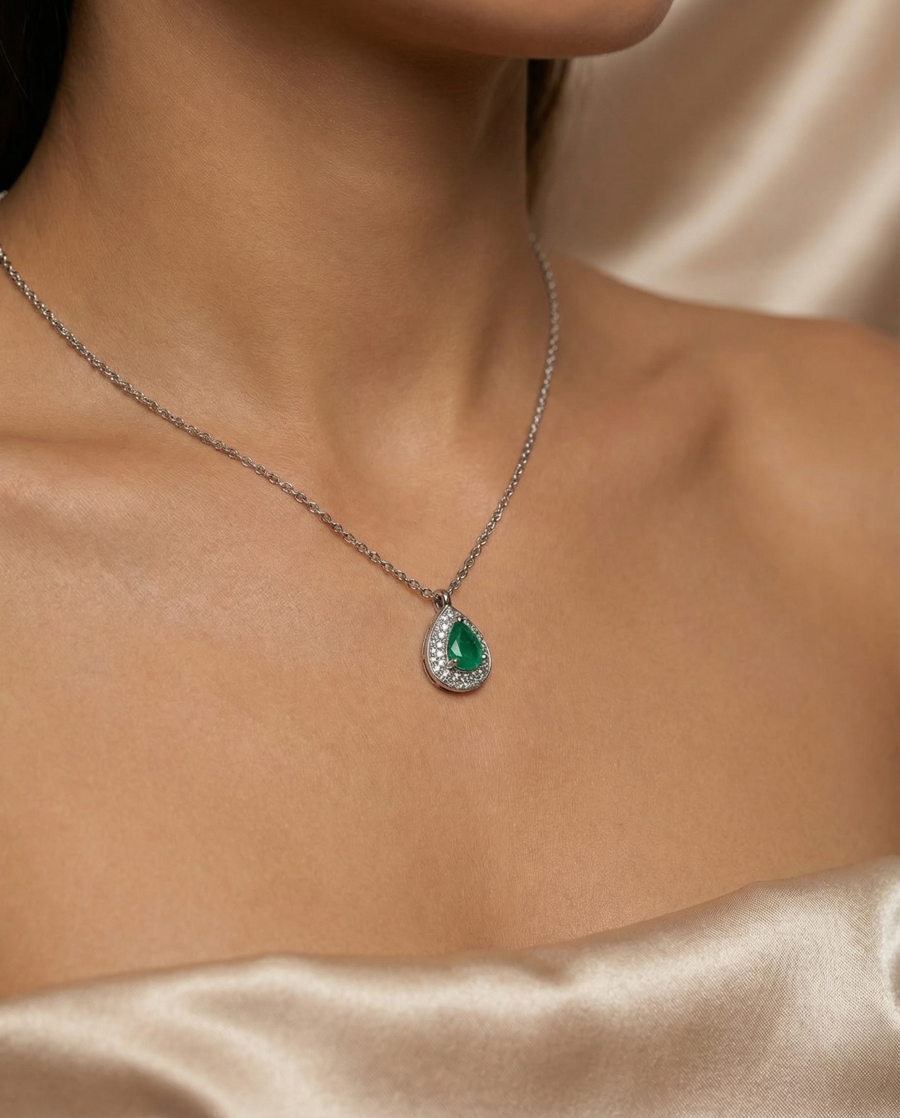 Emerald Pear and Diamond Halo Necklace in 14K White Gold