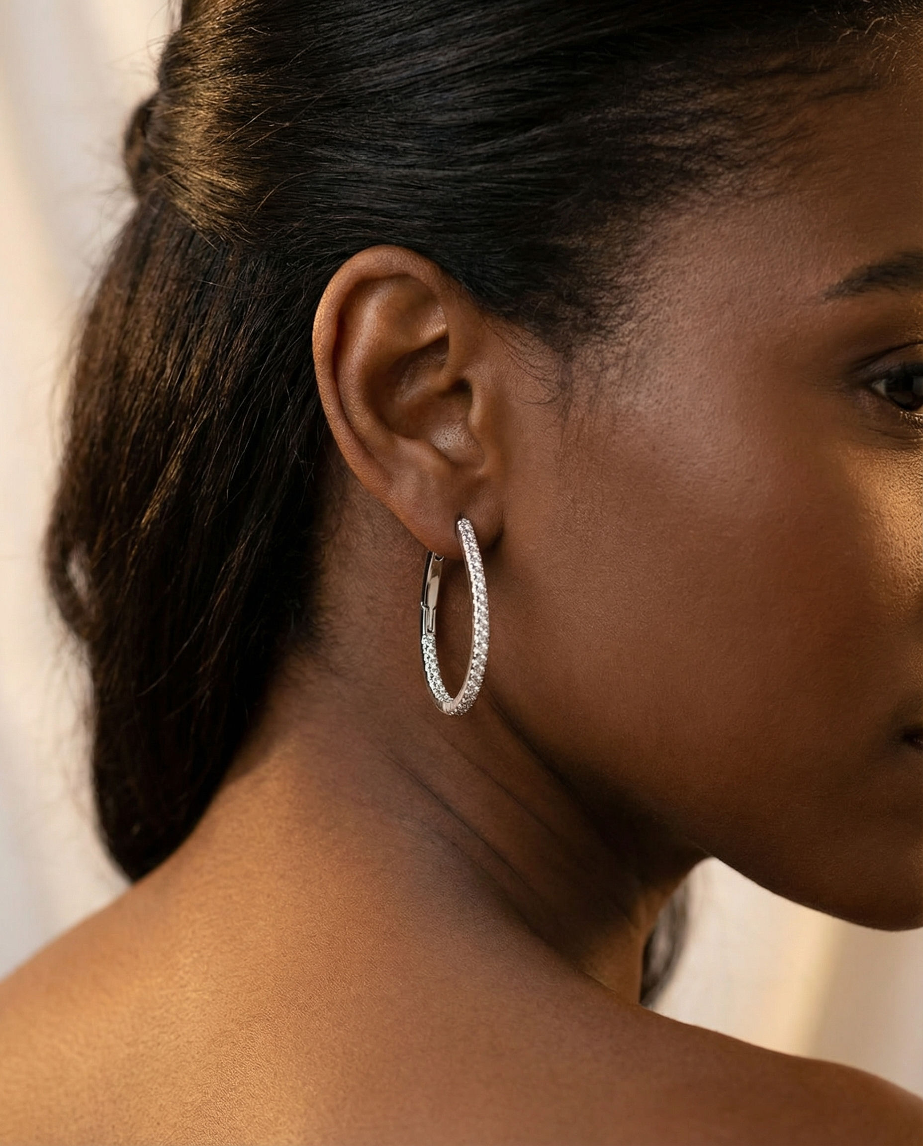 18K White Gold Round Diamond Inside Out Stirrup Earrings