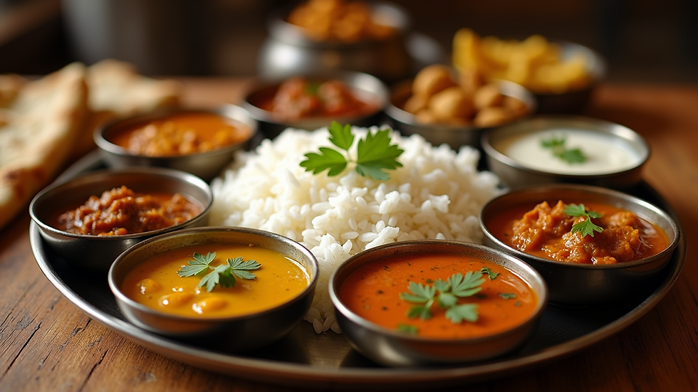 High angle view of an Indian thali with multiple curry dishes and rice