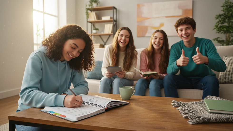 Eye-level view of a teen writing in a budget planner