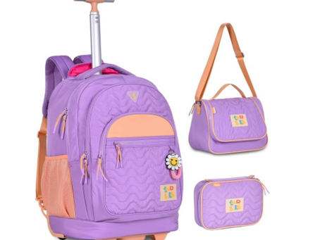 Kit Mochila Rodas, Estojo e Lancheira Luluca Soft Lilás com Laranja - Clio Style