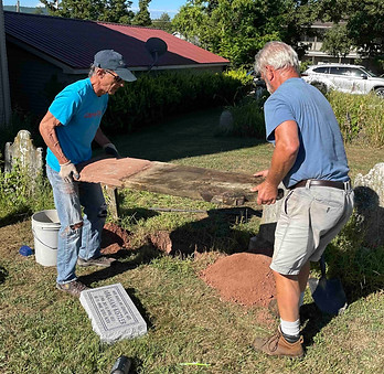 Bruce Kistler and Dave Rice resetting Abraham Kistler headstone