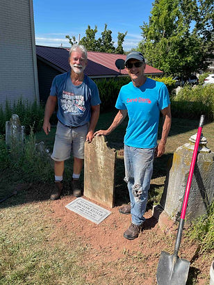 Bruce Kistler and Dave Rice with reset Abraham Kistler headstone