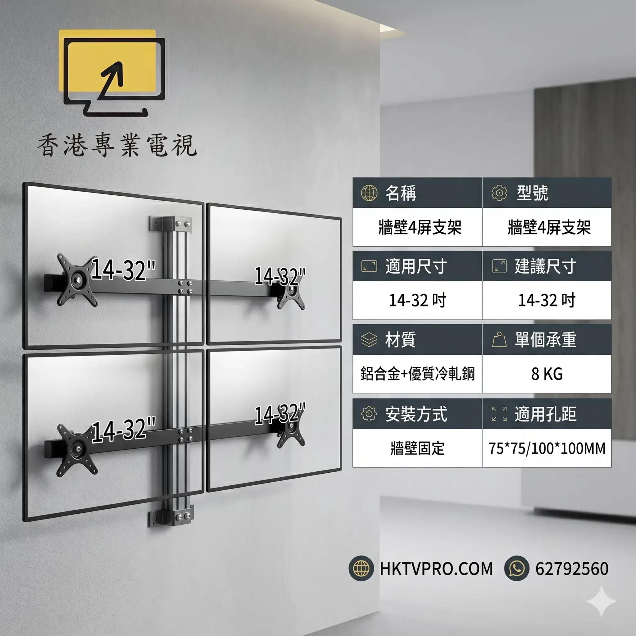 田字型 2X2 電腦屏幕掛牆架 4電競螢幕架 四屏電腦支架推薦 牆壁4屏支架加大板