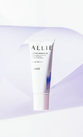 ALLIE sunscreen series using paper art and geometric props to create a clean, high-end modern beauty visual.