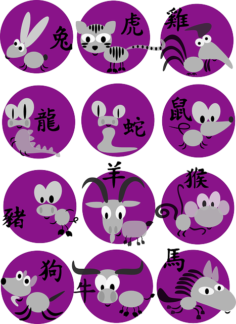 Cartoon zodiac animals in purple circles with Chinese characters: rabbit, tiger, dragon, snake, horse, goat, monkey, others. Playful mood.