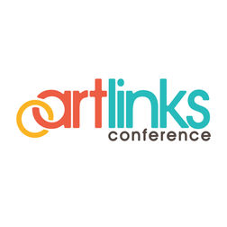 Logo design for the ArtLinks Conference, featuring the word 'artlinks' in bold lowercase letters with 'art' in red and 'links' in teal. Two interlocking circular shapes in yellow and red form a graphic element next to the 'a' in 'art'. The word 'conference' appears in smaller brown lowercase letters beneath 'links', creating a colorful and modern design.