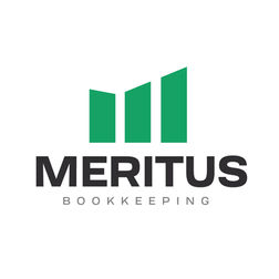 Logo design for Meritus Bookkeeping featuring a minimalist green icon resembling ascending bars or a bar chart, symbolizing growth and progress. The word 'MERITUS' is written in bold black uppercase letters, and 'BOOKKEEPING' appears in smaller, gray uppercase text beneath it.